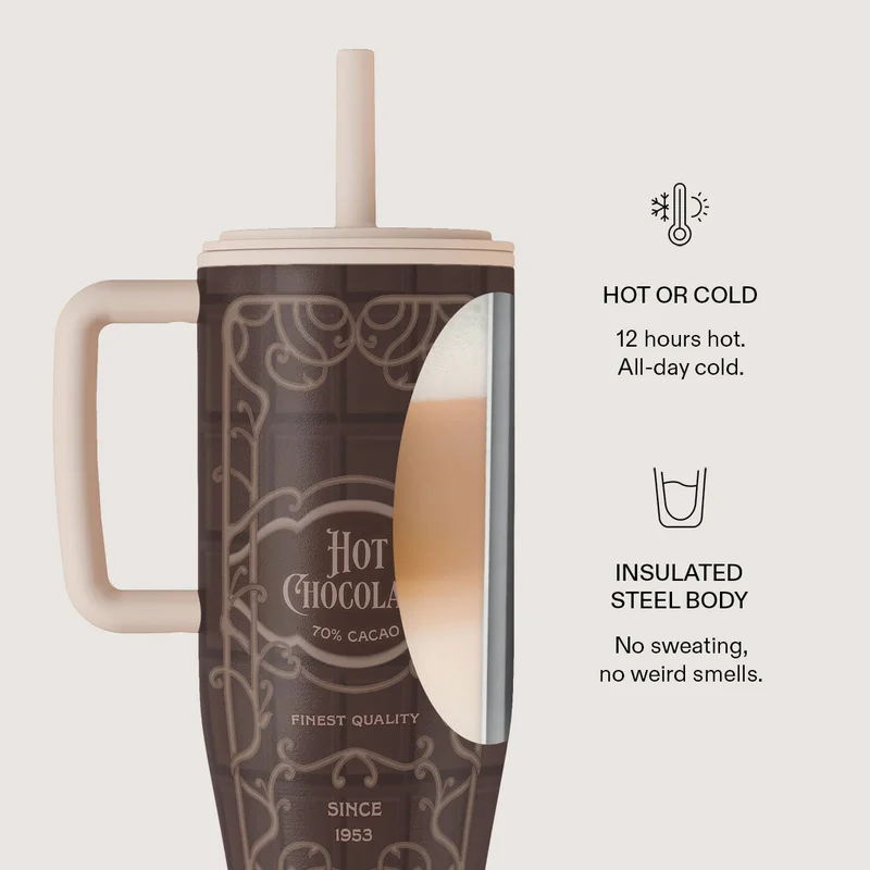 Burga 40oz (1.2L) Tumbler Hot Chocolate Burga 40oz (1.2L) Insulated Stainless Steel Tumbler with Handle & Leakproof Straw Lid – Double Wall Vacuum Travel Mug, Keeps Drinks Hot up to 12 Hours & Cold All Day, Cup Holder Friendly Reusable Bottle Hot Chocolate  | Best Price UAE